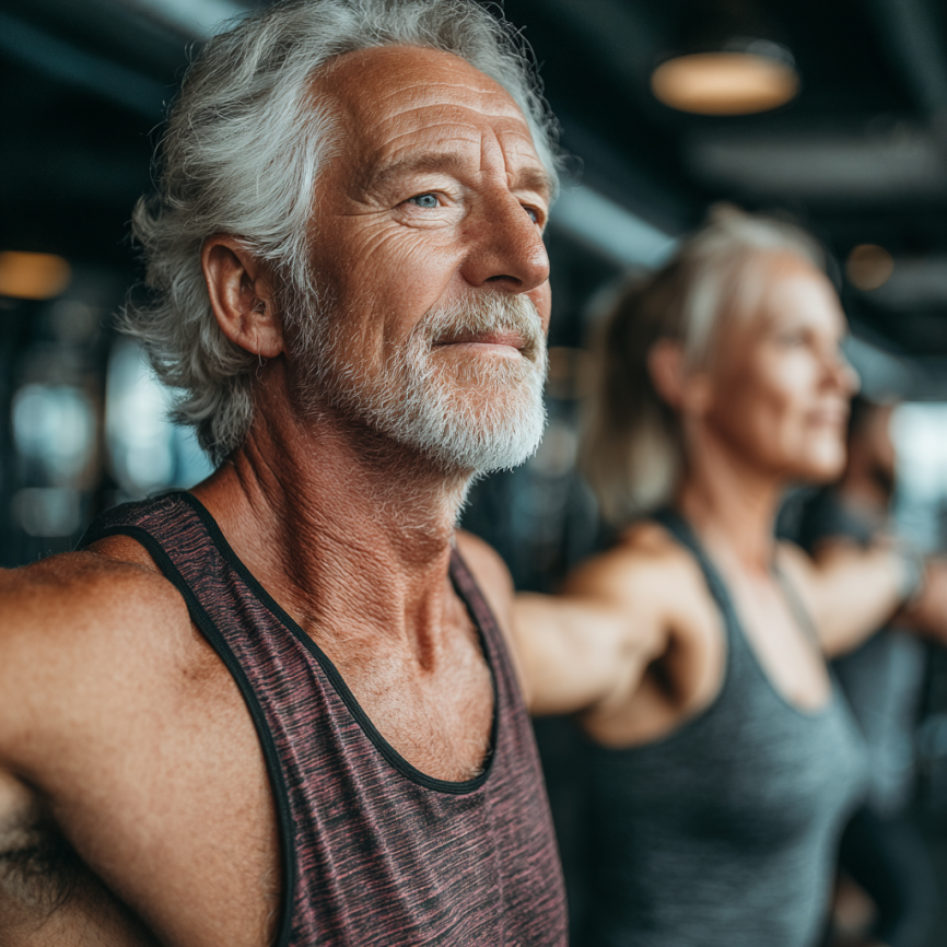 Активни възрастни хора правят упражнения